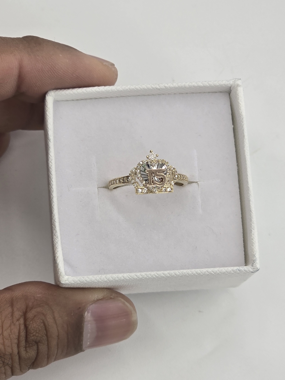 15 Crown Ring in Gold with Clear Stones - Women's Jewelry